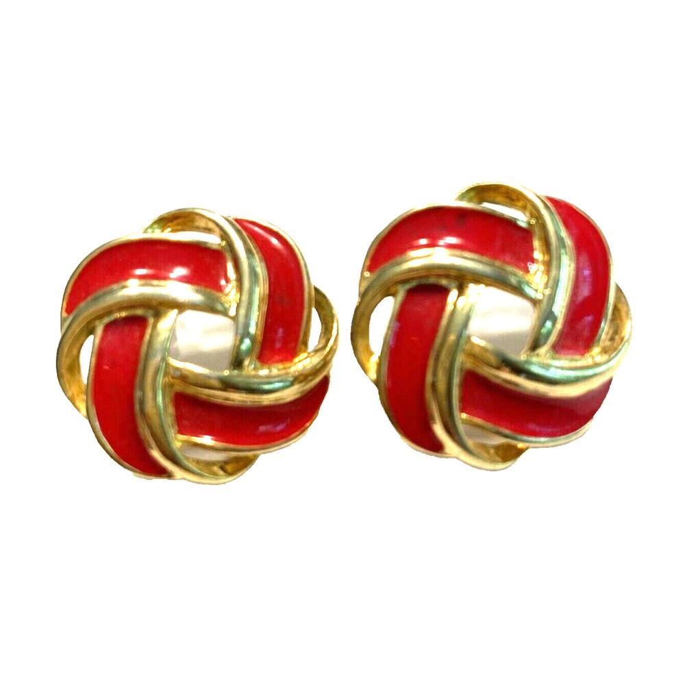 Pierced Earrings Gold & Red Enamel Infinity Knots Boss Lady Vintage 1980s Chic